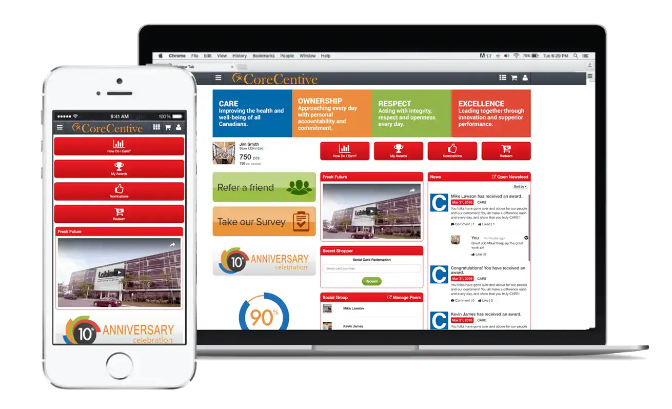 CoreCentive Home Page image shows a phone and ipad screen that shows employee recognition software interface